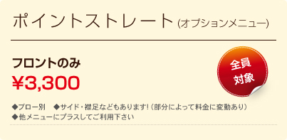 ポイントストレート(オプションメニュー) フロントのみ
\3,150 全員対象 ◆ブロー別　◆サイド・襟足などもあります!（部分によって料金に変動あり）◆他メニューにプラスしてご利用下さい 