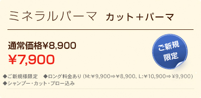 ミネラルパーマ カット＋パーマ 通常価格\8,800 \7,800 ご新規限定 ◆ご新規様限定　◆ロング料金あり（M:￥9800⇒￥8800、L:￥10800⇒￥9800）
◆シャンプー・カット・ブロー込み